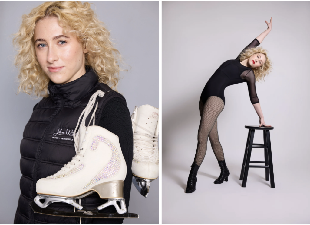 Marta Eliza Miller in a headshot with ice skates draped over her should, in the other half of the split frame, Marta in a black leotard bends backwards in a dance pose.