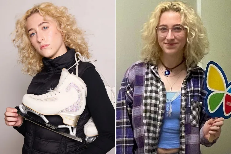 Image has two images split in two, the image on the left is Marta with her ice skate, the imageon the right is Marta holding the Childrens Hospital of LA's logo